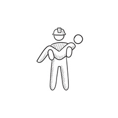 Fireman holding person on hands sketch icon.