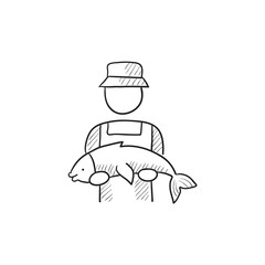 Fisherman with big fish sketch icon.