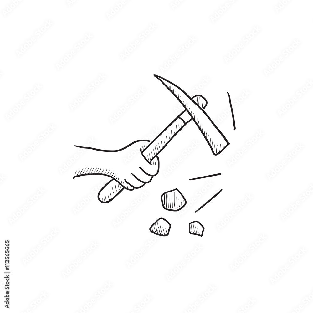 Aufkleber hand using pickax sketch icon.