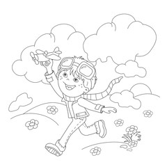 Coloring Page Outline Of cartoon boy with toy plane