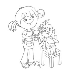 Coloring Page Outline Of girl with playing in the Barber shop