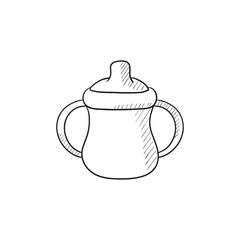 Baby bottle with handles sketch icon.