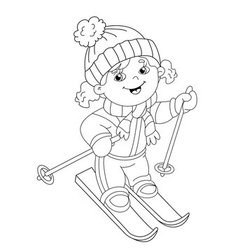 Coloring Page Outline Of cartoon girl riding on skis