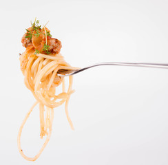 Spaghetti bolognese with garlic on a fork