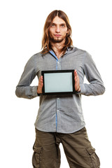 Man holding pc tablet. Blank screen copyspace.