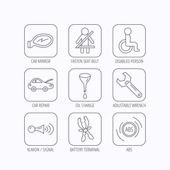 Car mirror repair, oil change and wrench icons.