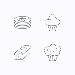 Pancakes, brioche muffin and toast bread icons.