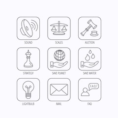 Strategy, auction and scales of justice icons.