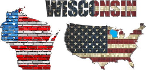 USA state of Wisconsin on a brick wall - Illustration,
The flag of the state of Wisconsin on brick textured background, 
Font with the United States flag, 
Wisconsin map on a brick wall