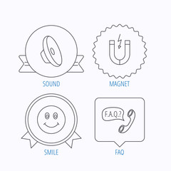 Magnet, smiling face and faq speech bubble icons.