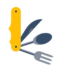 Camping jackknife icon.Multi tool steel. Jackknife,spoon and fork for travel.Multi tool steel pocket vector.Compact jackknife camping travel.Jackknife illustration isolated white background,flat style