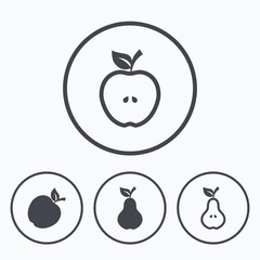 Fruits with leaf icons. Apple and Pear.