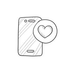 Smartphone with heart sign sketch icon.
