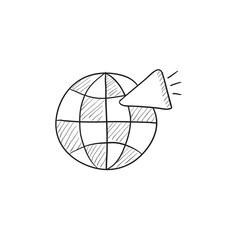 Globe with loudspeaker sketch icon.