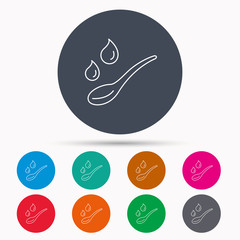 Spoon with water drops icon. Baby medicine dose.