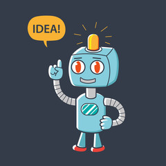 Robot character pointing finger up and having an idea.