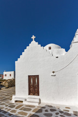 Frontal view White orthodox church in Mykonos, Cyclades Islands, Greece