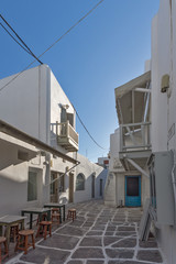 Street whit white houses in town of Mykonos, Cyclades Islands, Greece