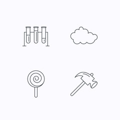 Hammer, lab bulbs and weather cloud icons.