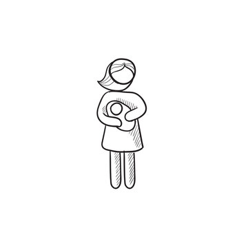 Woman holding baby sketch icon.
