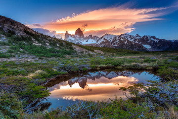 Reflection of Mt Fitz Roy in the water, Los Glaciares National Park, Argentina