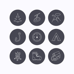 Mountain, fishing hook and hiking boots icons.