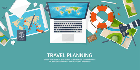 Travel and tourism. Flat style. World, earth map. Globe. Trip, tour,journey,summer holidays. Travelling, exploring worldwide. Adventure,expedition. Table,workplace. Traveler. Navigation or route