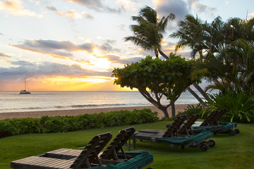 Sunbed chairs on beach near the sea