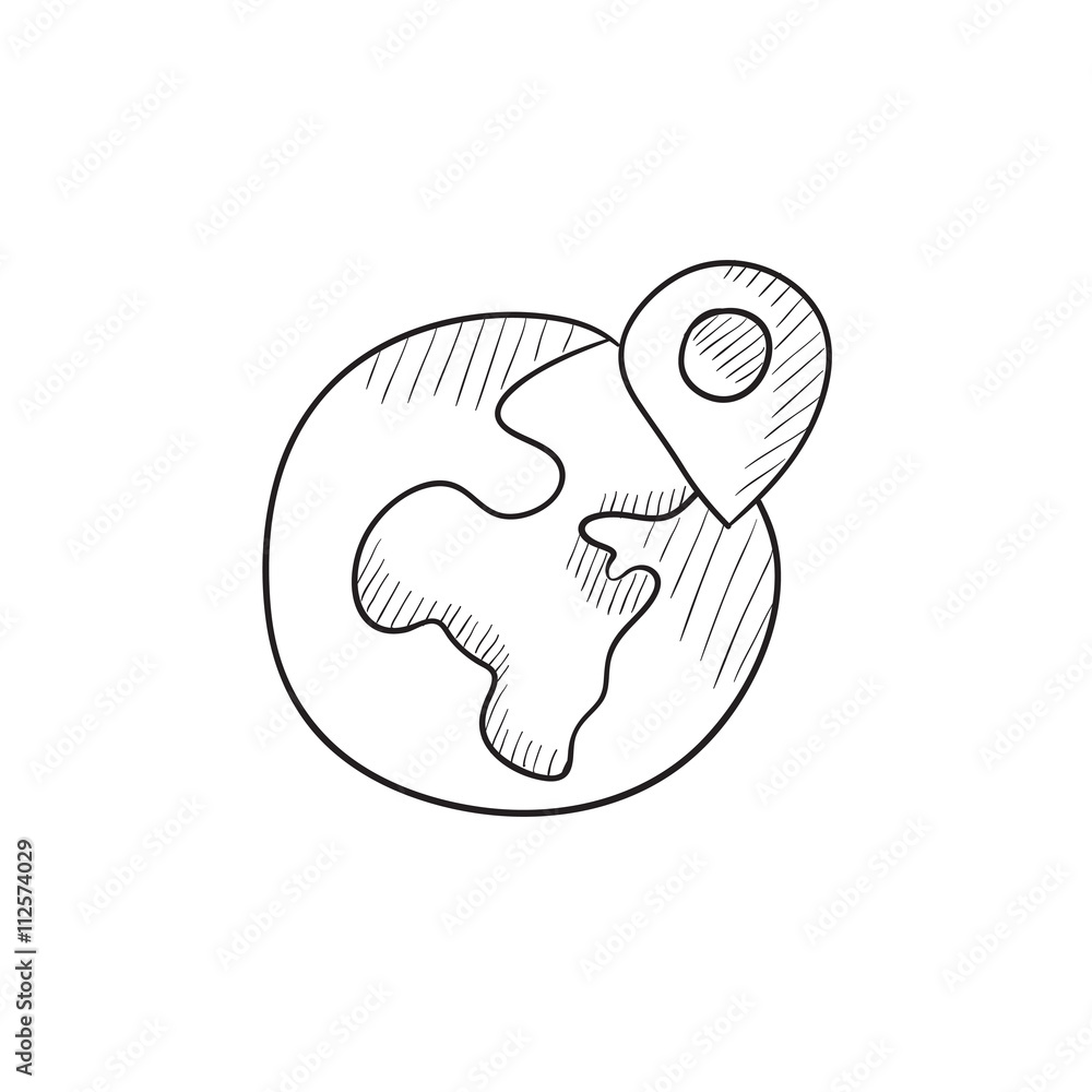 Poster globe with pointer sketch icon.