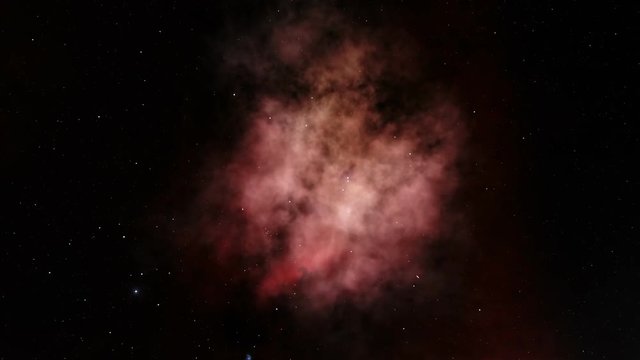 A dramatic lightspeed flight towards the center of a red nebula
