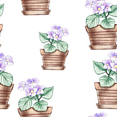 hand drawn seamless pencil illustration of flower pots on a white background 