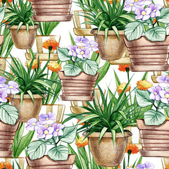 hand drawn seamless pencil illustration of different flower pots on a white background