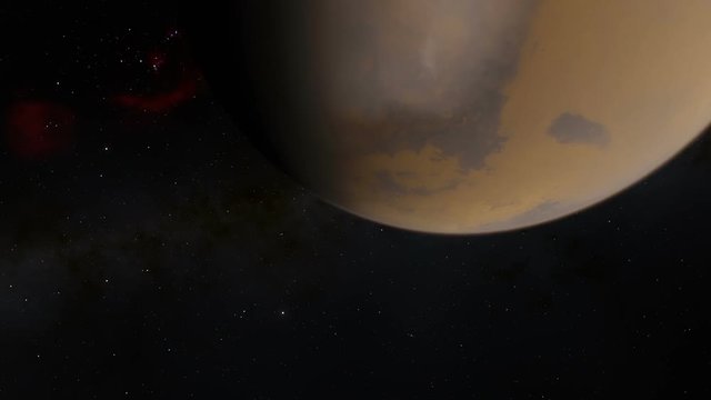 An ultra close-up flyby over the surface of Mars with Milky Way in the background

