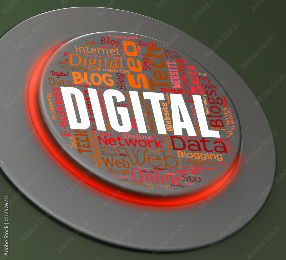Poster digital button indicates high tec and computers 3d rendering