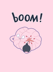A vector outlined flat cartoon illustrated poster of a brain holding the bomb in its hands, the metaphor of patience, accompanied with a lettering Boom