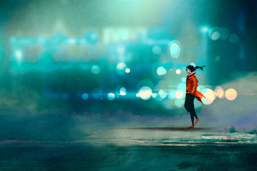 Fototapeta premium man walking at night in the city,gorgeous cold bokeh background,illustration