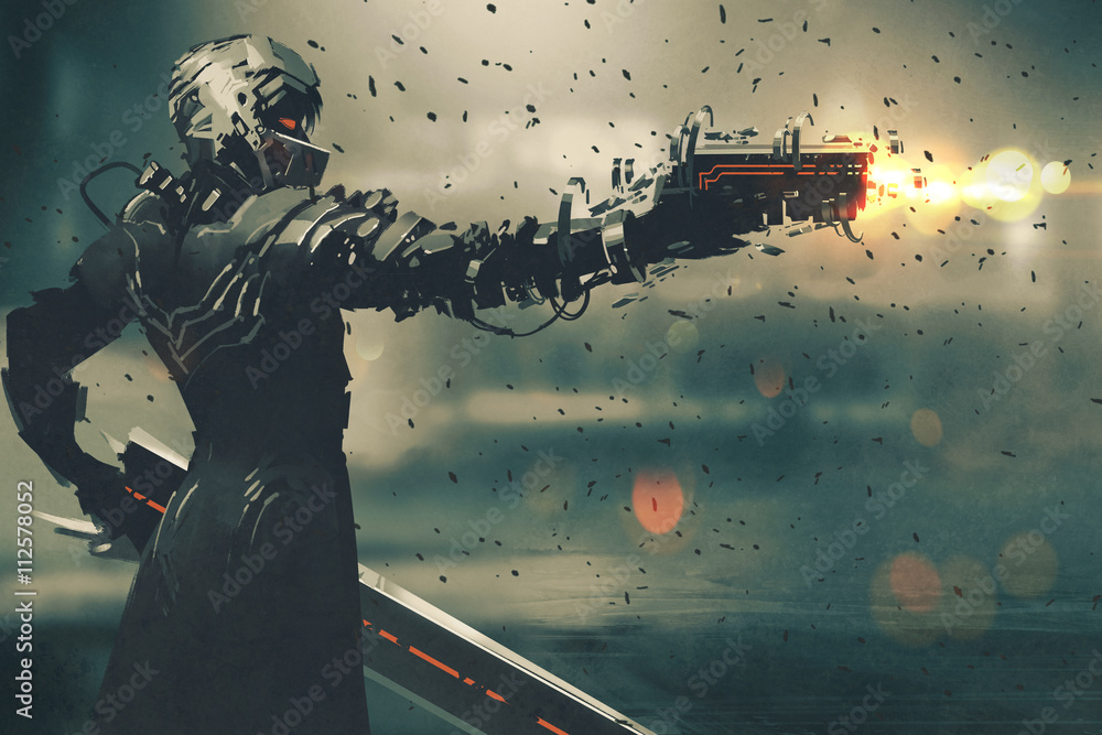 Wall mural sci-fi gaming character in futuristic suit aiming weapon,shooting gun,illustration