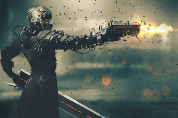 Obraz premium sci-fi gaming character in futuristic suit aiming weapon,shooting gun,illustration