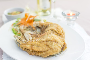 deep snapper fried with fish sauce the delicious favorite menu Thai seafood.