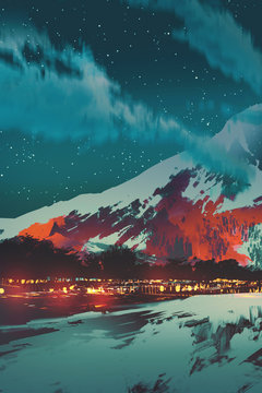 night scene of village in mountain,landscape illustration painting