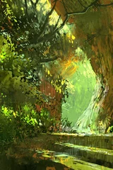 Tuinposter walkway in the forest,scenery,landscape illustration © grandfailure