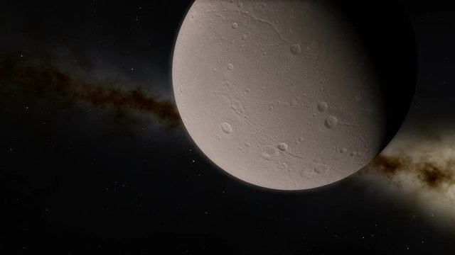 Close-up of the Enceladus moon's rotation and planet Saturn transit
