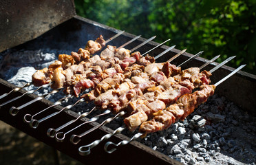 Cooking meat on the fire.