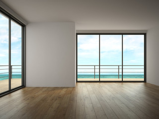 Interior of empty room with sea view 3D rendering - obrazy, fototapety, plakaty