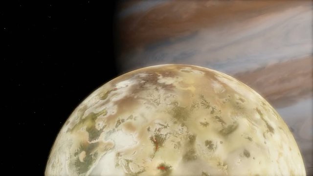 A close-up timelapse animation of the Io moon with a gigantic perspective of planet Jupiter transit
