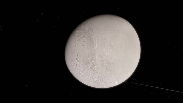 A close-up timelapse animation of the dione moon with a gigantic perspective of planet Saturn transit
