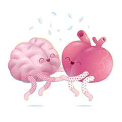 Pajama party -  - the vector illustration of a brain and a heart wearing pajamas jumping together holding their hands. A part of Brain collection.