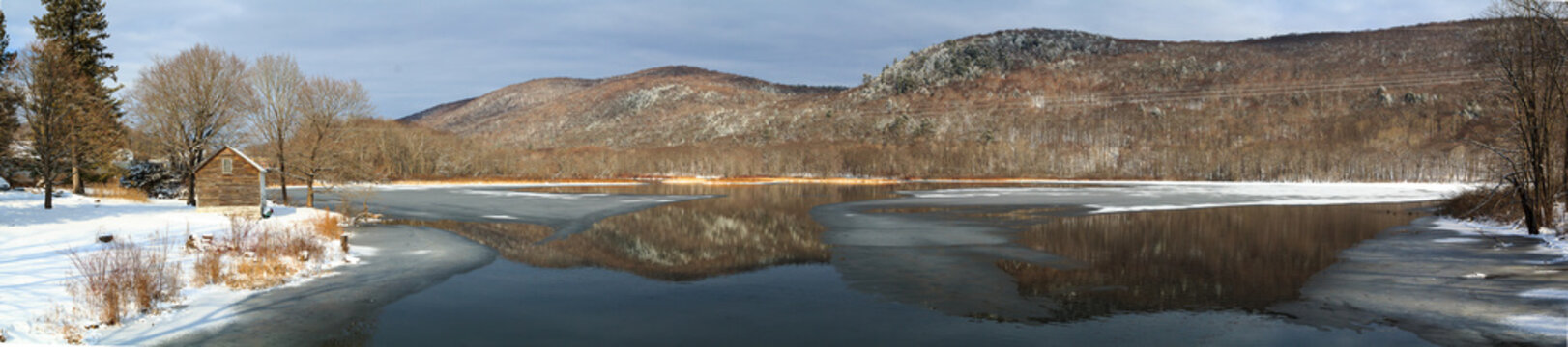 Winter Mountain Lake Scene With Cabin In Berkshires