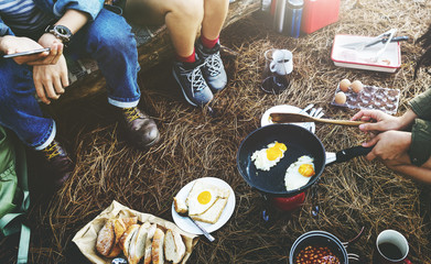 Breakfast Bean Egg Bread Coffee Camping Travel Concept