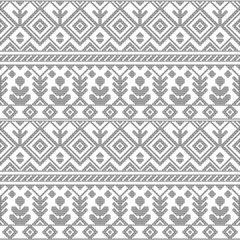 Black and white ethnic geometric floral seamless pattern, vector - obrazy, fototapety, plakaty